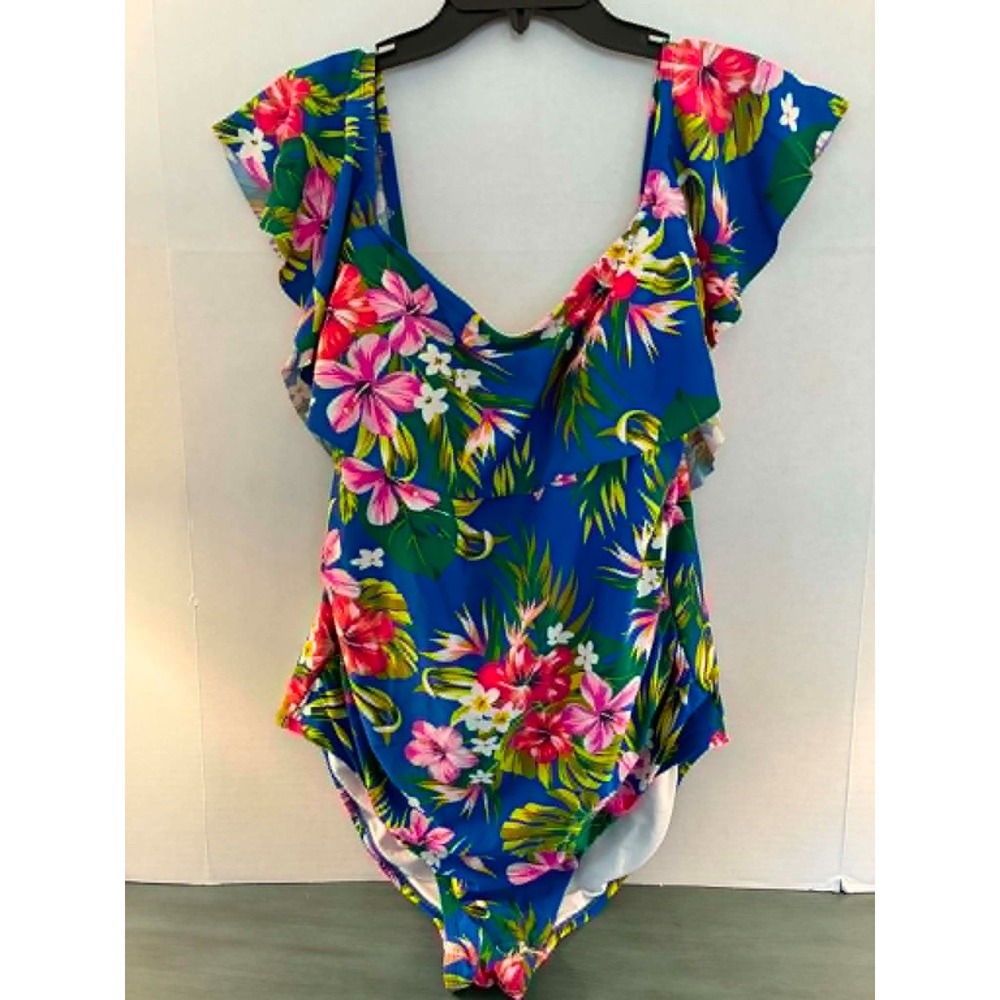 Kona Sol Womens 20W Tropical Floral One Piece Swimsuit Ruffle Hawaiian Plus